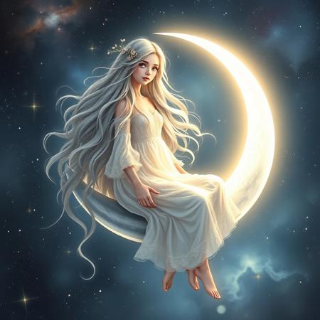 "A mystical girl embodying the soft, intuitive, and emotional energy of the Moon, sitting on a silver-lit crescent moon floating in the cosmic sky. Her long, flowing hair shimmers like moonlight, and her gentle eyes radiate wisdom and serenity. She wears a delicate, flowing white and silver dress, glowing softly under the celestial glow. The atmosphere around her is dreamy, filled with floating stars and nebulae. She is deeply connected to intuition, emotions, and the mysteries of the universe, embodying divine feminine energy."