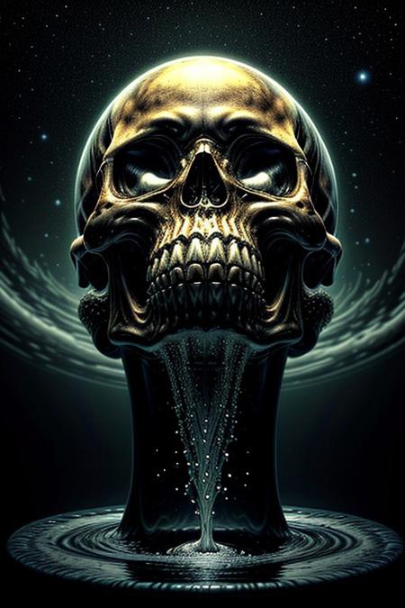 A close-up photorealistic image of a crystal-like floating skull facing dynamic view with its mouth open, pouring from it's mouth a shimmering liquid resembling the universe onto the ground, filled with rich stars and swirling galaxies. A simple void background enhances the dark atmosphere, shrouded in fog, capturing the hypnotic flow and shimmer of the cosmic liquid, form below,