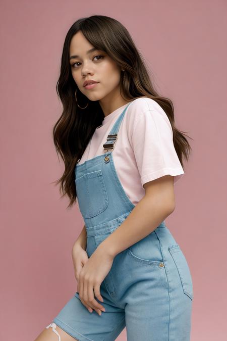 jenna ortega, long hair, 
pink overalls, studs, white shirt, sneakers, detailed skin, 
medium shot, upper body, simple solid background, portrait, realistic, 
 <lora:Jenna_Ortega_V1:0.7>, <lora:breastsizeslideroffset:-0.6>