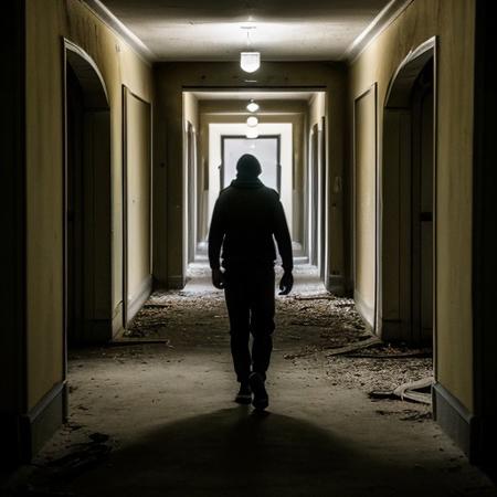 RAW photo, screaming creature at the end of hallway, 8k uhd, dslr, soft lighting, high quality, film grain, Fujifilm XT3, Masterpiece, photorealistic, abandoned hospital, looking down hall way,