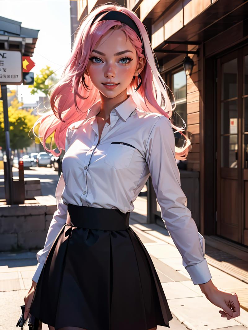Pink-haired cartoon woman wearing a white shirt and black skirt.