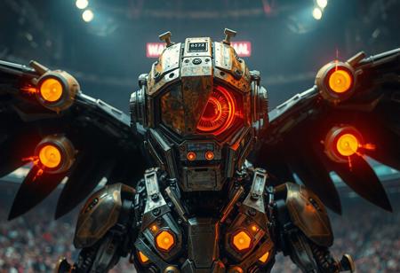 "Create a highly detailed, golden ratio composition of a Junk Robot Computerkong, a cyclops with one eye open, in the style of Marvel and DC comics. Set in the Amazoness Arena, with black wings and booster flares, reminiscent of Avengers: Endgame and Cable. Designed for slow motion, aiming for a cinematic screengrab or meme-worthy moment, by artist John Maggs. Trending on Marvel, featured on amiami, in film mode 1744987969.1128602."