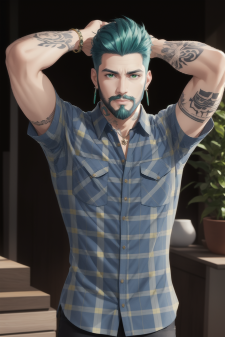 <lora:AeronXvoor0.5> Aeron X'voor, solo, looking at viewer, shirt, 1boy, jewelry, green eyes, blue hair, upper body, male focus, earrings, arms up, plaid, tattoo, facial hair, arms behind head, beard, realistic, plaid shirt