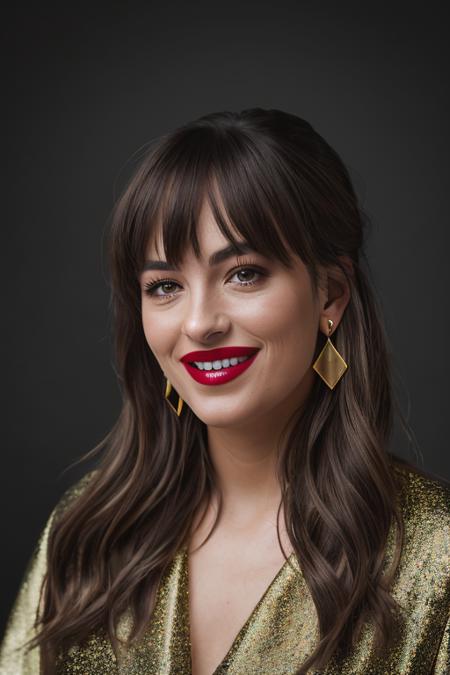 <lora:d4k0t4:0.9>, a Realistic photo of a d4k0t4 woman,long hair, looking at viewer, bangs, simple background, brown hair, jewelry, earrings, teeth, grin, lips, makeup, lipstick, portrait, realistic, soft lighting, professional Photography, Photorealistic, detailed, inside a dark Studio Room background, blurred background, RAW, analog, sharp focus, 8k, HD, DSLR, high quality, Fujifilm XT3, film grain, award winning, masterpiece