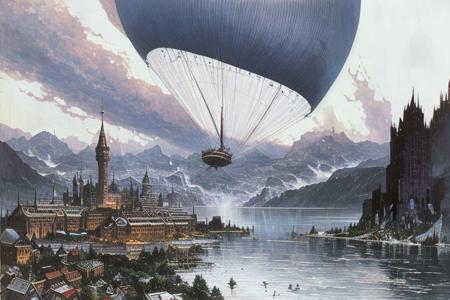 a city on a lake, <lora:Don_Lawrence_Storm_v1:1> dlstormstyle