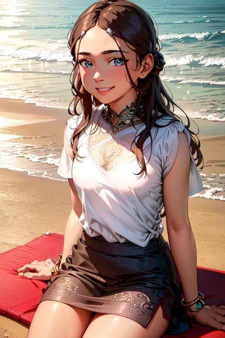 ultra realistic 8k cg, masterpiece, ((ultra detailed background, delicate pattern, intricate detail, highly detailed, fine details best quality, hyperdetailed face)), (photorealistic:1.4),beautiful lighting, absurdres, RAW photo, film grain, Katara, 1girl, solo, bracelet, long hair, brown hair, small breasts, (white T-shirt, simple T-shirt, short skirt), ((complex detailed background, beach, sand, ocean, outside, palm tree, dawn, moody lighting, warm lighting, dim lighting, bonfire, hands on legs, night sky)), ((cowboy shot, smile, beach mat, sitting down, sitting on beach mat)),  <lora:Katara:0.75>