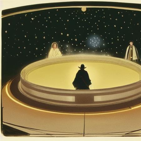 a mystic (wearing a robe), sitting in a glowing and floating circle surrounded by stars and space  EdwardHopperEmbed