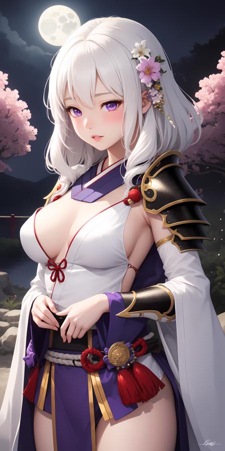 realistic, 1girl, white hair, purple eyes, glowing eyes, japanese armor, parted lips, blush, night, flowers, moonlight,