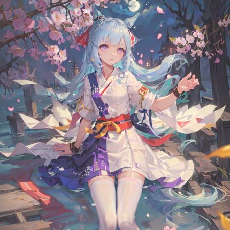 SFW, autumn_leaves , breasts, cherry_blossoms, petals, moon, moonlight, outdoors, east_asian_architecture
mejiro_ardan_PFN, 1girl, (solo), horse_ear, horse_tail, 
(long_light_blue_hair), purple_eyes, (white_streamers:1.3), ribbon, white_puffy_short_sleeves, girdling, wristband, (white_hanfu), (blue legwear:1.2)