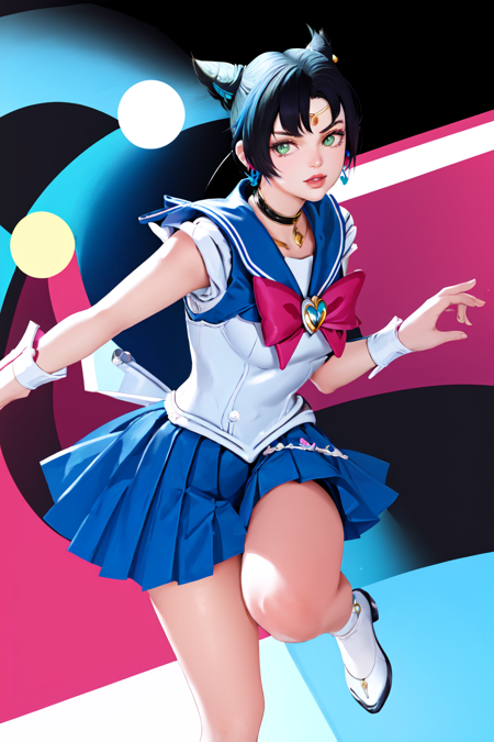 Contrast Pop Art, 1girl, solo,Sailor moon, twin tails, hair buns,  sera fuku, sailor senshi uniform, looking at viewer, short hair, simple background, black hair, green eyes, jewelry, blue hair, multicolored hair, earrings,collar, two-tone hair, lips, black background, portrait, gradient theme, dynamic angle, dynamic pose, specular highlights, <lora:Contrastv2:0.75>