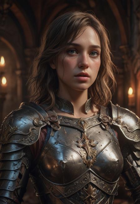 High resolution ultra-realistic of Beautiful Warrior Joan of Arc, 8k, capturing the intensity of the moment, cinematic lighting, standing on a bloody and stormy battlefield in bloody battle, wavy black hair, realistic dirty pale face, realistic brown eyes,  beautiful hourglass figure, burning in a medieval Town, intricately designed iron and silver armor, Dark Ages Aesthetic, perfect athletic figure, beautiful Warrior Joan of Arc, fire, ultra realistic, cinematic style, vigorous and seductive, athletic figure, dark fantasy, dramatic lighting, wet and sweaty skin, dirty skin, athletic figure, dark fantasy, dramatic lighting, Greg Rutkowski style,, Warrior Joan of Arc on in iron armor, hyper-detailed, hyper-realistic, bright colours, Attractive 21 old years girl, Attractive, beautiful firm Breasts, sharp focus, digital painting, Photograph Taken on Nikon D750, Alphonse Mucha, 8K, athletic figure, Hyperdetailed, hyperrealism, Attractive, Attractive bust girl, asymmetric balance