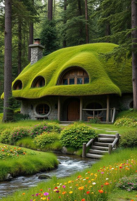 in front hangs a single-story house built of stone, covered and blended with nature, dug into the ground, on a slope, the roof reaches the ground and is completely covered with grass and green grass, the hobbit-type house, a large front porch, round windows, a stone chimney, inside spacious, at least three rooms, interior toilet and bathroom, separate wide kitchen merged with the living room, nestled in the forest in front of it runs a river, a meadow with colorful flowers, realistic style, photorealism, a sense of harmony and peace, relaxation,