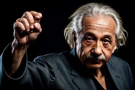 Albert Einstein as Kung Fu master, black belt, dojo background, dark theme, high contrast, (hyperrealism, sharp), professional photoshoot