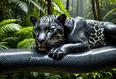 Highly detailed photographic image of a jaguar with incredibly intricate black carbon fiber "fur" resting on a large tree branch in the rainforest. The photorealistic natural forest surroundings an ironic contrast to details of the futuristic jaguar's woven carbon fiber coat, showcasing its distinctive beauty and muscular build in the woven strands. The rainforest environment should be lush and vibrant, filled with a variety of green foliage, exotic plants, and dappled sunlight filtering through the canopy above. Incorporate dramatic lighting to enhance the atmosphere, creating a sense of depth and intrigue. Include subtle elements such as mist or gentle rain to add to the mood, while ensuring the surreal carbon fiber jaguar remains the focal point of the composition. (Highly cinematic scene with natural surroundings; highly focused detail on the subject; beams of sunlight reflecting on the animal's unique carbon fiber fur; masterpiece scene; dramatic composition, 4k resolution, finely detailed texture)