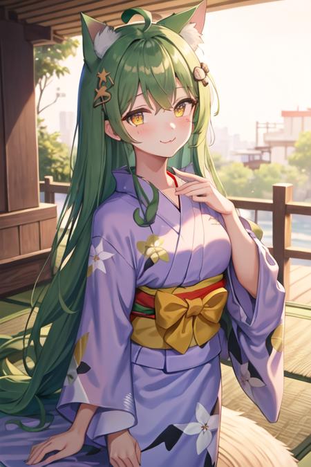 best quality, masterpiece, highres, solo, {yukata:1.40}, {kimono:1.20}, {akashi_azurlane:1.15}, animal_ears, cat_ears, green_hair, long_hair, ahoge, hair_between_eyes, yellow_eyes, blush, bell, bow, hair_ornament, bangs, very_long_hair, :3, mole, smile, mole_under_eye