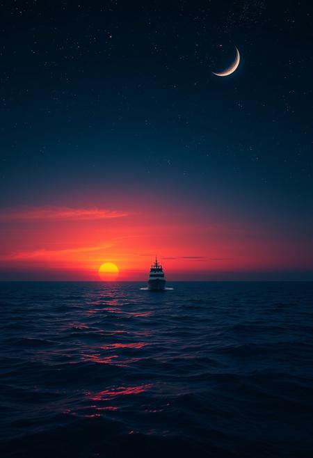 A majestic cinematic shot frames the lone ship gliding across the deep blue ocean, against the breathtaking backdrop of a fiery orange-pink sunset dissolving into inky blackness. The crescent moon casts a soft glow, illuminating the bioluminescent water's shimmer. The vast ocean and celestial sky evoke tranquility, wonder, and awe, while the solitary ship adds mystery and adventure, inviting the viewer to embark on a fantastical journey across the starry sea.
