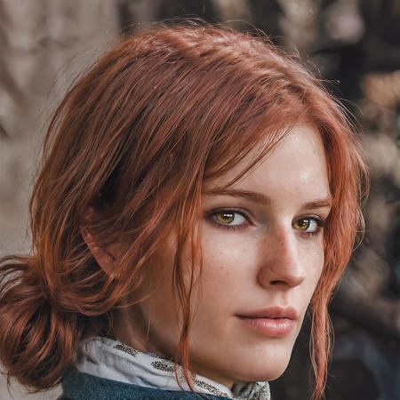 Photo of Triss Merigold, green eyes, red updo hair, freckles,  skin texture, best quality, ultra-detailed, analog style, cinematic light, sidelighting, ultra high res, closed mouth