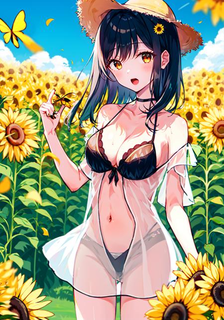 1girl, aerial_fireworks, banana, bangs, bare_shoulders, bee, bikini, black_hair, blue_bikini, blue_sky, blush, bouquet, bra, breasts, camellia, cheerleader, choker, cleavage, cloud, coin, collarbone, covered_navel, cowboy_shot, daisy, dandelion, day, dress, eyebrows_visible_through_hair, falling_petals, field, fireworks, flower, flower_field, french_fries, ginkgo_leaf, hair_ribbon, halter_top, halterneck, hat, hat_flower, hauchiwa, holding, holding_bouquet, holding_flower, holding_lollipop, honey, hose, kazami_yuuka, leaves_in_wind, lemon, lemon_slice, long_hair, looking_at_viewer, medium_breasts, mouth_hold, navel, no_bra, off_shoulder, open_mouth, orange_\(fruit\), orange_flower, orange_slice, outdoors, petals, pink_ribbon, pom_pom_\(cheerleading\), red_eyes, red_ribbon, ribbon, rose, see-through, see-through_sleeves, shell_casing, shirt, short_sleeves, sky, sleeveless, solo, spider_lily, straw_hat, summer, sunflower, sunflower_hair_ornament, tanned_cirno, thighs, tulip, two_side_up, vase, wet, wet_clothes, wet_shirt, white_dress, white_shirt, wind_chime, yellow_bow, yellow_butterfly, yellow_flower, yellow_nails, yellow_rose, yellow_sky, yellow_theme <lora:style_Hiten:0.8>