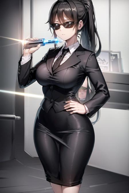 MIB suit, neuralyzer, holding neuralyzer, flash, 1girl, large breast, wide hips, pencil skirt, office, ponytail, <lora:MIB Suit and Neuralyzer V1:0.6>