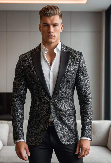 a strong 22-year-old german hunk bodybuilder male, with a fringe up undercut hairstyle, detailed face, mindless expression,  wearing a black suit with silver patterns, wearing pants,  on a modern living room, standing at attention pose, looking at viewer, portrait, photography, detailed skin, realistic, photo-realistic, 8k, highly detailed, full length frame, High detail RAW color art, diffused soft lighting, shallow depth of field, sharp focus, hyperrealism, cinematic lighting