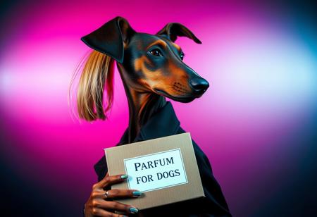 An anthropomorphic brown Dobermann dog with soft, long, natural ears and a blonde bobcut with long hair in the back, wearing a black trenchcoat, depicted in profile, side view. The dog is holding a cardboard box labeled ‘Parfum for Dogs’ in a surreal and avant-garde fashion illustration style. The scene features a turquoise silver grunge aesthetic against a gradient magenta and teal background. The setting includes vivid colors, filigree details, and photorealistic rendering. The lighting is moody chiaroscuro, enhanced by the visual distortion of fisheye cinema prime lenses (9mm) and noir film-style color correction