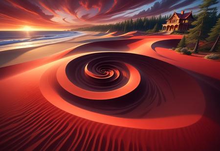 sandswirl, swirling sand, score_9, score_8_up, score_7_up , colorful , sunset, (red sky:1.1), swirling sand road, pine trees, local road, golden hour lighting, Photo realistic, Natural atmospheric lighting, intricate details, 35mm photograph, film, professional, 32k visuals, highly detailed, (swirling sand mansion:1.7), close up.