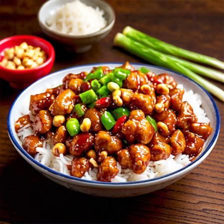 An image of Kung Pao chicken, in a realistic style. The dish features well-cooked, golden-brown diced chicken, vibrant red and green bell peppers, and fiery red chili peppers, all stir-fried to perfection. The sauce is glossy and rich, clinging to each piece, with visible hints of garlic and ginger. The dish is garnished with freshly chopped green onions and a sprinkle of roasted peanuts, adding texture and color. The Kung Pao chicken is served in a traditional round, white porcelain dish, set against a simple wooden table background, emphasizing the vivid colors and appetizing appearance of the mea,<lora:oldfan50:0.75>