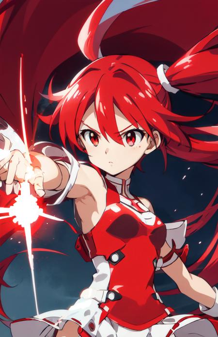 vividred, red eyes, white twintails, long hair, red hair, hair ornament, red bodysuit, red showgirl skirt, white panties, very long skirt, open front skirt, gloves, thighhighs, bow fist, hand on pink energy fist, hand on glowing