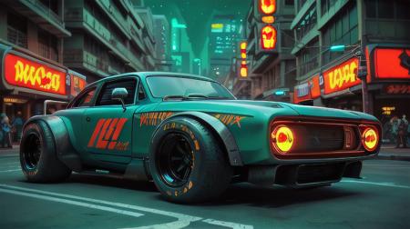 in a futuristic city, at night, neon lights create a luminous atmosphere, a (low-slung tuned futuristic cyberpunk black badass rat rod zeekars hotrod:1.3), at the parking lot, wide tires, (at night city:1.3), <lora:zeekars:0.65>
