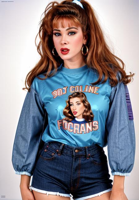 Kooky portraits of 90âs mall woman 26YO  TiffyMinx, retro clothing, tshirt, college jacket, blue jeans, closeup, shot on VHS, <lora:TiffyMinxy:1>,