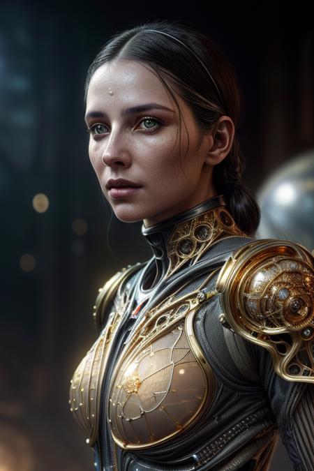 Raw Photo of planetary explorer of harsh alien worlds, wearing transparent, ((translucent), gold filigree biomechanical suit, gold filigree gloves, ((light bokeh)), intricate, elegant, sharp focus, soft lighting, vibrant colors, masterpiece, detailed face, intricate details, cinematic shot on Nikon z9 mirrorless camera, ultra realistic, (art by Darek Zabrocki and Giger and Cedric Peyravernay),  (detailed exterior sci-fi environment :1.4), Dystopian, photorealistic, epic, highly detailed eyes, eyes are identical and symmetrical  <lora:more_details:0.9> ((eye contact)), looking at viewer