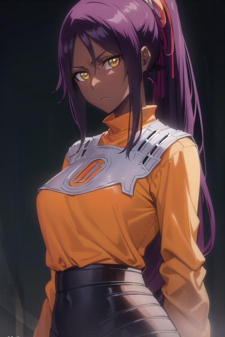 yoruichishihouin, <lyco:yoruichishihouin-lyco-nochekaiser:1>,
yoruichi shihouin, long hair, (yellow eyes:1.5), ponytail, purple hair, dark skin, (dark-skinned female:1.5),
BREAK bodysuit, black bodysuit, bodysuit under clothes, (orange shirt:1.5), long sleeves,
BREAK outdoors,
BREAK looking at viewer, (cowboy shot:1.5),
BREAK <lyco:GoodHands-beta2:1>, (masterpiece:1.2), best quality, high resolution, unity 8k wallpaper, (illustration:0.8), (beautiful detailed eyes:1.6), extremely detailed face, perfect lighting, extremely detailed CG, (perfect hands, perfect anatomy),