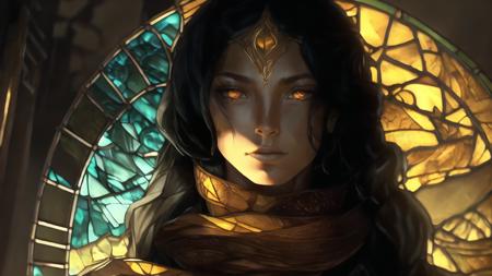 (dark, dimly lit, low key, stained glass, shurima, dramatic light:1.3),  <lora:shurima-1:1>, girl, woman, long hair, desert, ruins, amber eyes, tanned skin, long flowing scarf, ancient glyphs, mysterious symbols, historical artifacts