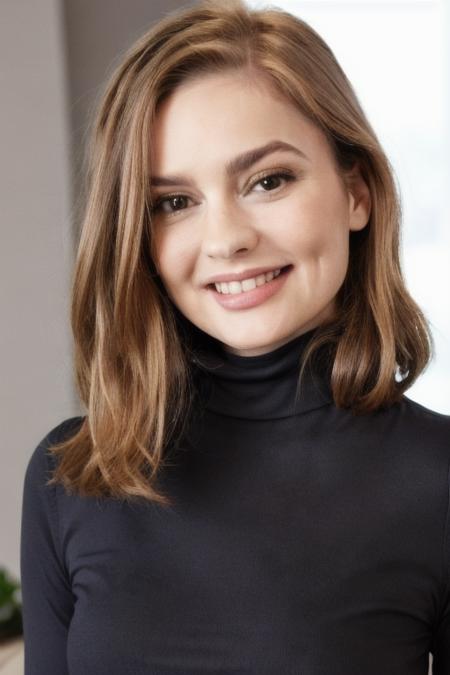 Photo of m4rym00dy woman, detailed face, smiling, (blurred background)+, black turtleneck blouse, in a living room