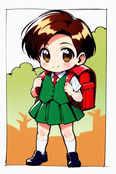 <lora:rokujoumugi:0.8> rokujoumugi, 1girl, solo, backpack, bag, skirt, short hair, brown hair, randoseru,  full body, socks, forest, brown eyes, school uniform, holding strap, shoes, retro artstyle, pleated skirt,  smile,
child, chibi, night, city,
masterpiece, high quality, very_high_resolution, large_filesize, full color,