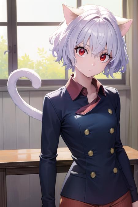 neferpitou, <lyco:neferpitou-lyco-nochekaiser:1>,
neferpitou, short hair, (red eyes:1.5), animal ears, hair between eyes, tail, white hair, cat ears, cat tail, cat girl, curly hair,
BREAK long sleeves, shorts, striped, buttons, brown shorts, shirt, collared shirt, blue shirt,
BREAK looking at viewer,
BREAK indoors, classroom, (cowboy shot:1.5),
BREAK <lyco:GoodHands-beta2:1>, (masterpiece:1.2), best quality, high resolution, unity 8k wallpaper, (illustration:0.8), (beautiful detailed eyes:1.6), extremely detailed face, perfect lighting, extremely detailed CG, (perfect hands, perfect anatomy),