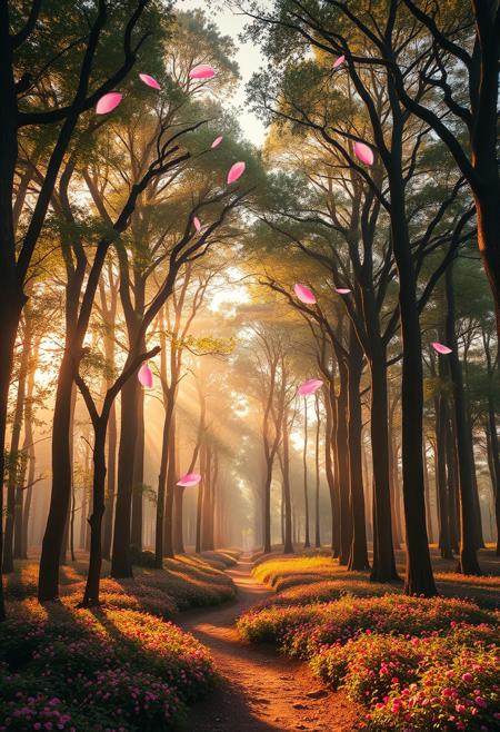 A magical forest filled with tall trees, their lush canopies forming perfect heart shapes. The atmosphere is soft and dreamy, with a warm pink and red glow filtering through the leaves. Delicate petals float in the air, carried by a gentle breeze. The ground is covered in vibrant flowers, and a winding pathway leads deeper into the enchanting forest. The scene is bathed in golden sunlight, creating a romantic, fairytale-like ambiance.