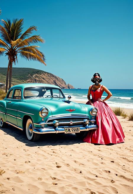 a classic 1950s car is parked at the beach with its headlights on — inside, a woman in a ballgown wears a gas mask