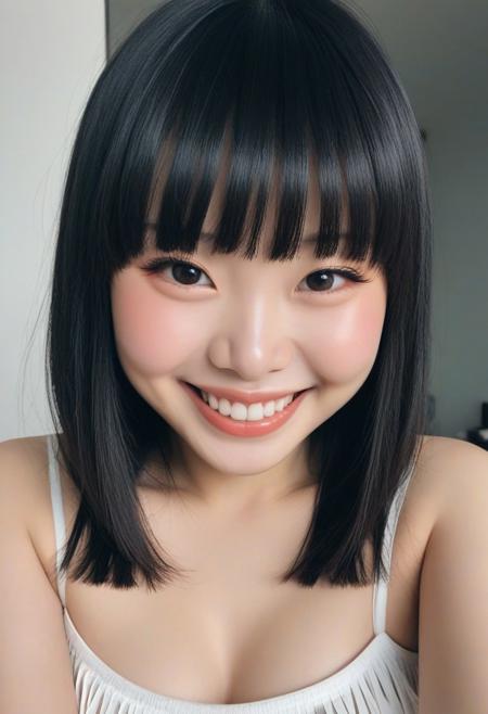 upper body photo, seductive beauty CCindyJaneDoe, chinese, round face, fun-loving smile, cheeks, fringe bangs, shoulder-length hair