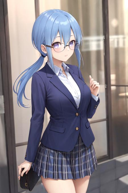 masterpiece, best quality, highres, 1girl low ponytail blue hair purple eyes <lora:anemone_no_outfit:1> jacket, suit, skirt, shirt, glasses