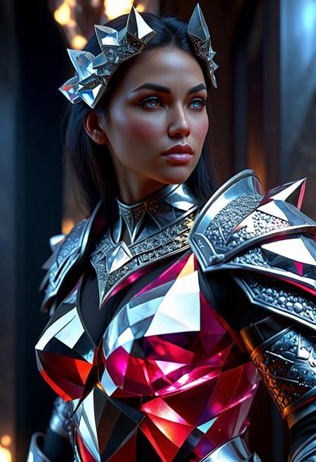 Ultrarealistic. sharp focus, dynamic lighting. play of light, reflection, refraction, Raytracing, Ultra detailed. crystalized. A sexy female warrior wearing an skimpy armor made of rp_slgd. Cleavage.