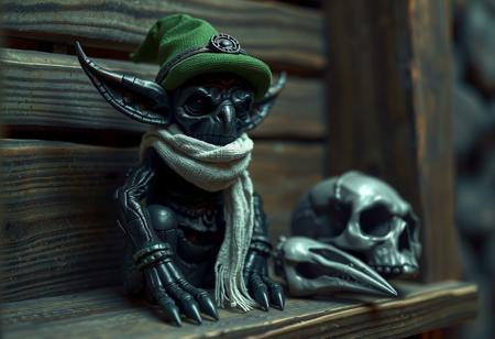 A black grimdark Scrap Goblin, adorned with a green hat and white scarf, sits on a wooden shelf. A gray skull is arranged beside it. A focused still life, intricate details pop against a blurred background. Grimdark aesthetic. Highly detailed render, volumetric lighting, ray tracing, 8k. Trending on Artstation, CGSociety.