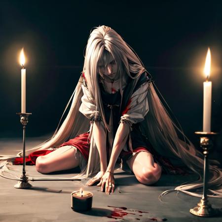 (masterpiece:1.2), ultra detailed, <lora:MichelBollinger:0.7>,  Michel_Bollinger, 1man, long hair, (((beggar outfit))), dark room, ((lying)) on ground,  tears, (((full body))), candle,  blood, sad, terror, <lora:Beautifuleyes:0.6>,  <lora:Adddetail:0.5>