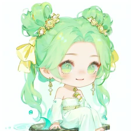 WW_Q, chibi,1girl, bangs, bare shoulders, barefoot, bell, blush, bow, bubble, closed mouth, detached sleeves, double bun, dress, fish, food, forehead, full body, green eyes, green hair, hair bow, hair ornament, jewelry, long hair, long sleeves, puffy long sleeves, puffy sleeves, simple background, sitting, smile, solo, strapless, strapless dress, twintails, very long hair, water, water drop, white background, white dress, white sleeves, wide sleeves, yellow bow, earrings, hair bun