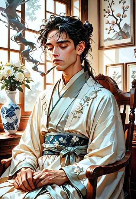 solo, short black hair, dignified man, seated, holding a long kiseru smoking pipe, traditional Hanfu-style silk robe, white with subtle embroidery, minimal floral patterns, tied sash, relaxed posture, closed eyes, long sleeves, white flower vase in the background, carved wooden chair, curling smoke, soft lighting, single earring, defined masculine facial features, composed expression, calm atmosphere, vase decor, semi-realistic style, digital painting, concept art, soft glow, muted cool tones, volumetric lighting, ultrahigh definition, absurdres, highres, cinematic aesthetic, painted style, dramatic light contrast with white robe and dark wood, misty atmosphere, ambient particles, serene mood, Midjourney style, elegant composition, aidma-niji, lazypos