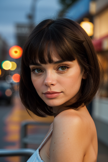 MarieGrippon, portrait of a woman in front of a diner at night, raining, perfect eyes