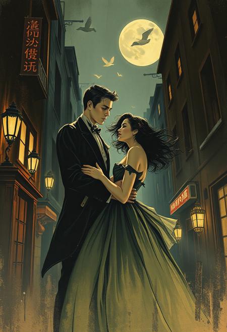 I'm the wind beside you holding you tight., vintage pulp illustration, japanese gothic mystery, noir suspense, psychological horror, moody atmosphere, chiaroscuro lighting, dramatic composition, sinister elegance, retro book cover art, twisted narratives, 1950s pulp realism, uncanny characters, surreal menace, textured brushwork, vivid expressionism, dark eroticism, theatrical poses, gothic urban settings