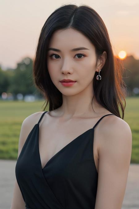 a woman, (photograph), masterpiece, (realistic), (hyperrealism), (photorealistic), (upper body:1.3), eye makeup:0.8, looking at the viewer, black dress, at the park, (sunset),  <lora:httpeunbi:0.45>