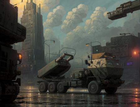 detailed painting of a HIMARS parked on a dystopian cyberpunk street at night, photorealism <lora:himars16-v1-step125:1>