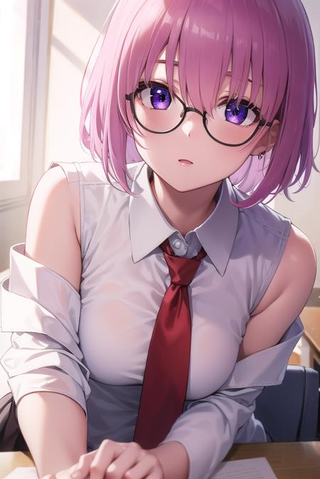 mashkyrielight, <lyco:mashkyrielight-lyco-nochekaiser:1>, 
mash kyrielight, glasses, hair between eyes, hair over one eye, (purple eyes:1.1), pink hair, short hair,
BREAK hood, shirt, collared shirt, white collar, black shirt, necktie, red necktie, sleeveless, off shoulder,
BREAK looking at viewer,
BREAK indoors, classroom,
BREAK <lyco:GoodHands-beta2:1>, (masterpiece:1.2), best quality, high resolution, unity 8k wallpaper, (illustration:0.8), (beautiful detailed eyes:1.6), extremely detailed face, perfect lighting, extremely detailed CG, (perfect hands, perfect anatomy),